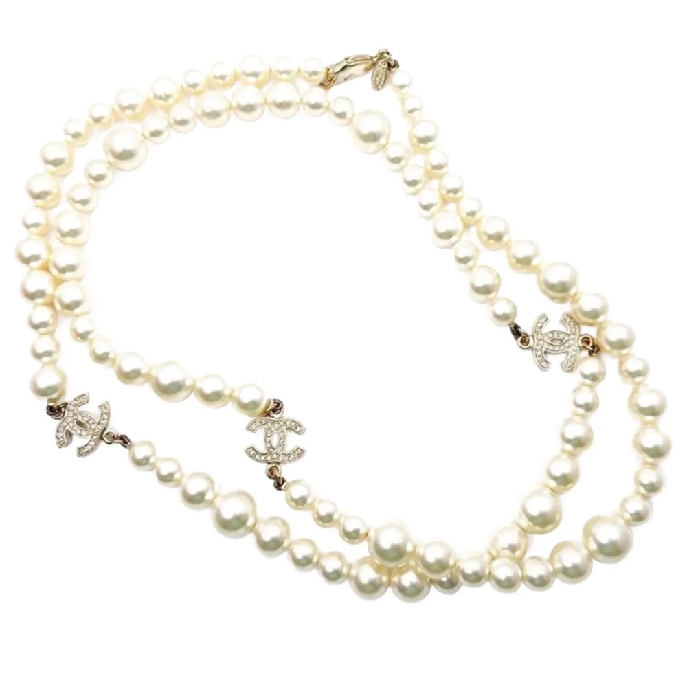 Chanel Classic 3 Gold CC Crystal Long Pearl Necklace.
